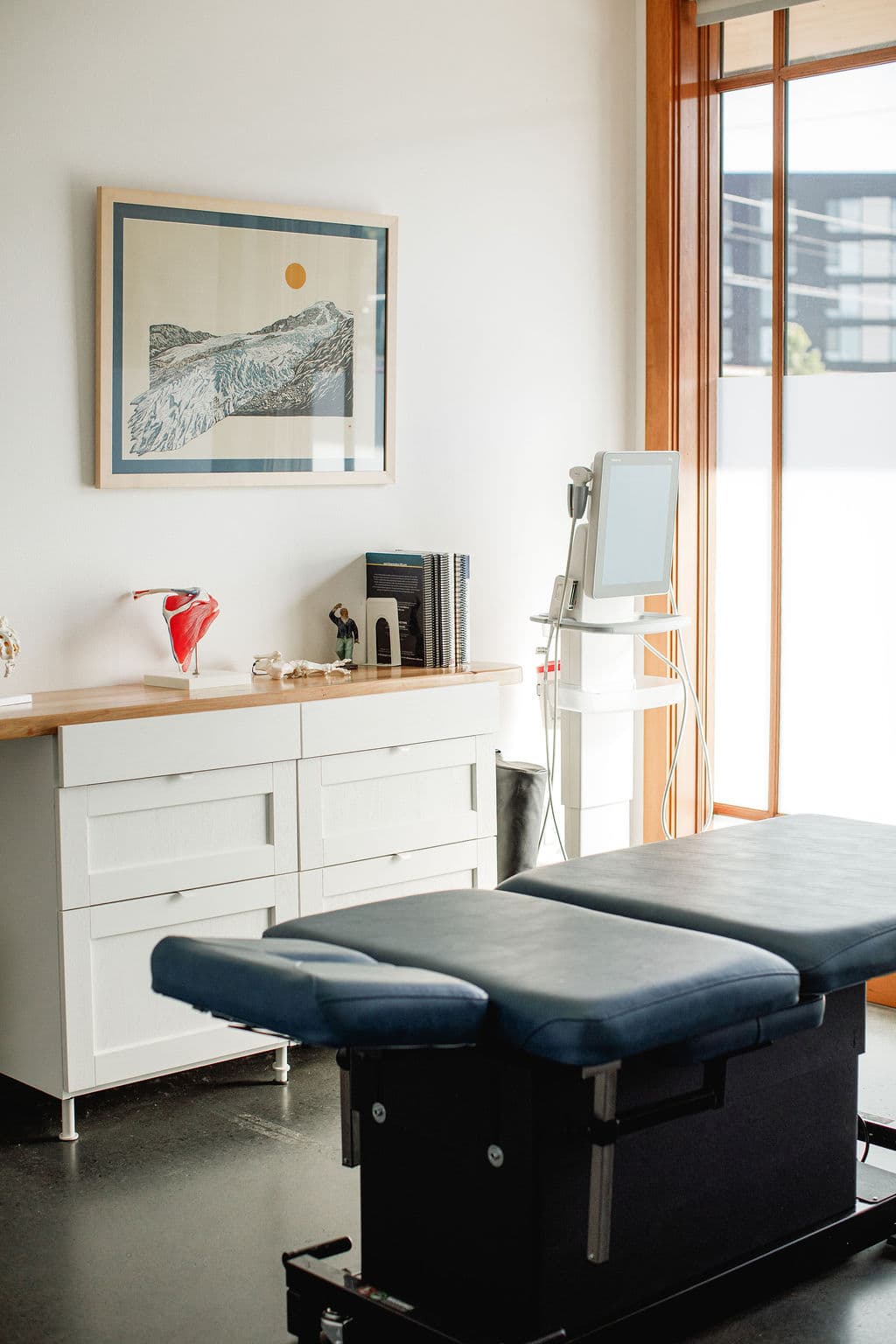 Private treatment room with a padded treatment table, ultrasound display, anatomical model, and natural light from a large window